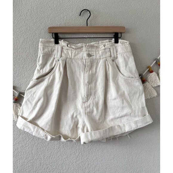 We The Free Nova Paperbag Denim Cream Shorts High Rise Relax Neutral Beachy L - Picture 1 of 8